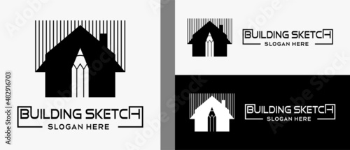 pencil logo design template with house icon in black and white creative concept. premium vector building or building designer logo illustration