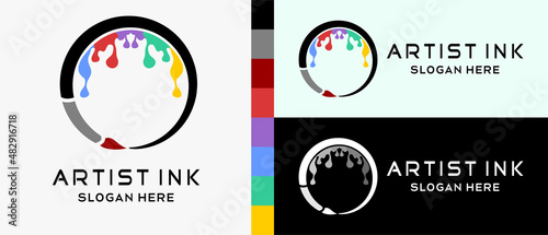 creative painting brush logo design template and drop icon with rainbow colors in circle. premium vector logo illustration