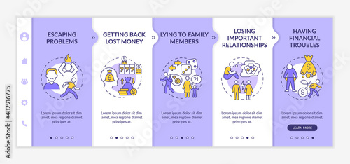 Symptoms of compulsive gambling purple and white onboarding template. Responsive mobile website with linear concept icons. Web page walkthrough 5 step screens. Lato-Bold, Regular fonts used © bsd studio