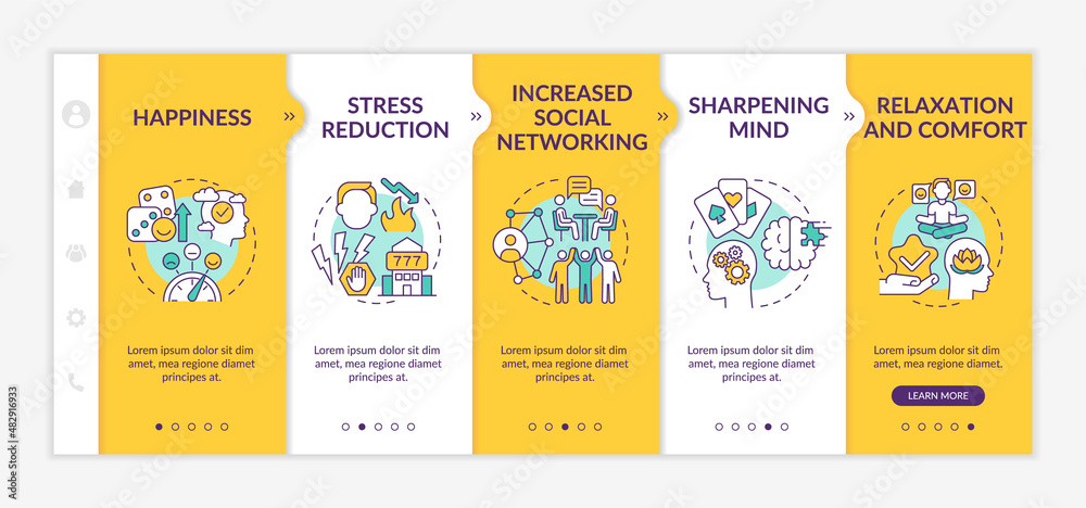 Gambling positive traits yellow onboarding template. Rest and fun. Responsive mobile website with linear concept icons. Web page walkthrough 5 step screens. Lato-Bold, Regular fonts used