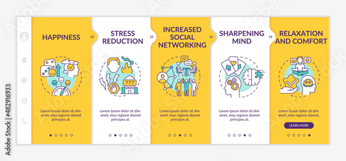 Gambling positive traits yellow onboarding template. Rest and fun. Responsive mobile website with linear concept icons. Web page walkthrough 5 step screens. Lato-Bold, Regular fonts used