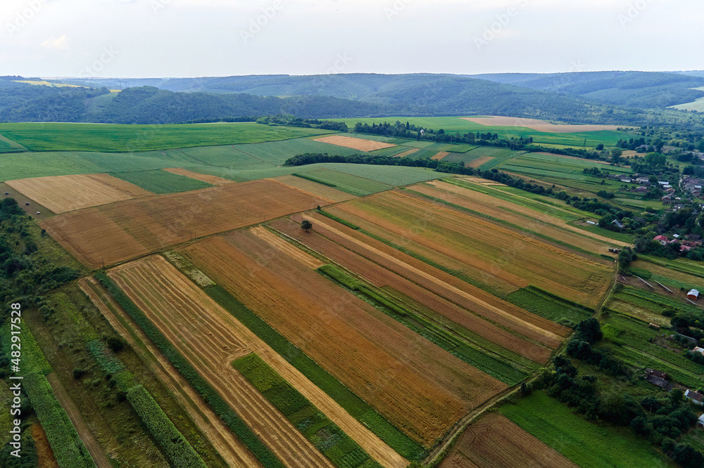 Aerial landscape view of green cultivated agricultural fields with growing crops on bright summer day Aerial landscape view of green cultivated agricultural fields with growing crops on bright summer day