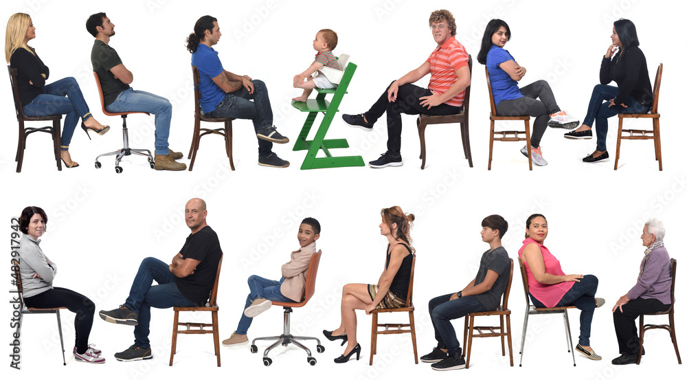 side view of a group of people sitting on white background