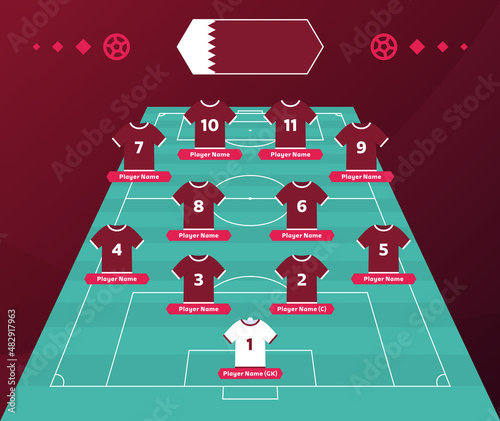 Qatar Football team formation. Soccer or football field with 11 shirt with numbers vector illustration. soccer lineup qatar world 2022