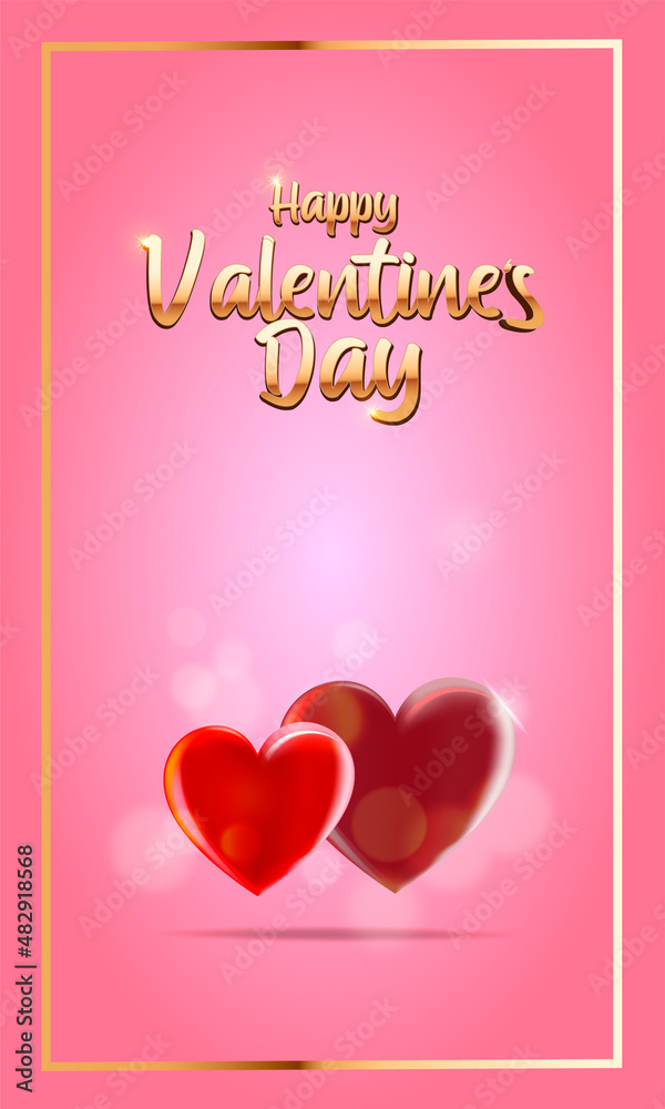Valentine's day vector background with two hearts. Golden text on pink background