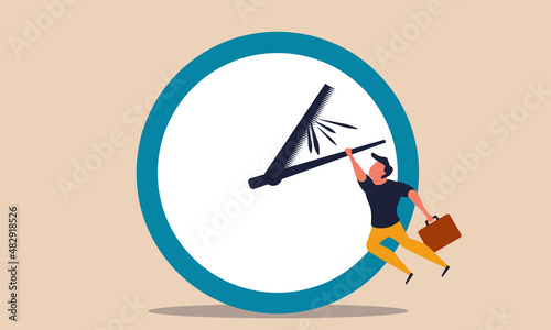 Alarm clock time management with fall man. Office overtime work and hand hold minute vector illustration concept. Business losing people and forward success. Project rush and deadline job