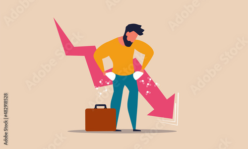 Poor broke man showing pockets and standing employee beggar. Poverty people and finance failure vector drawing illustration concept. Business bankrupt after crisis and budget investment empty.