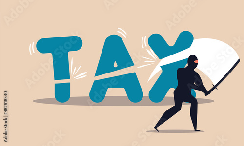 Financial tax reduction and slash with sword ninja taxation. People loss money and investment vector illustration concept. Government reform for money and deduction income pay. Business budget fee