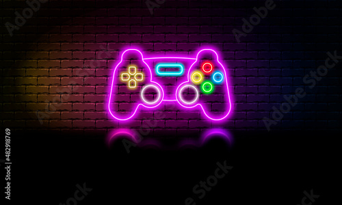 Neon game joystick icon, glowing joystick on a brick wall background, vector illustration