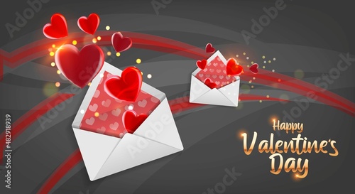 Valentine's day greeting card, banner, poster, flyer template. Logo with sample text. Vector gray background with envelope and flying hearts
