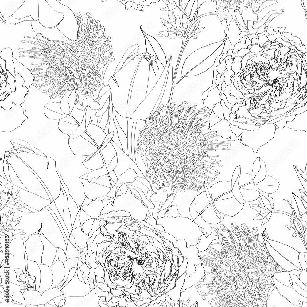 Fototapeta premium Tropical floral line flowers, eucaliptus branch seamless pattern. White background. Line floral wallpaper. 