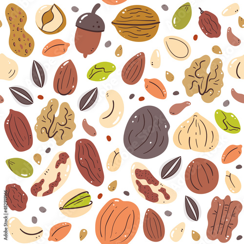 Nuts and seeds seamless pattern. Food ingredients for cooking illustration. Isolated colorful hand-drawn ingredients on white background. Vector illustration.