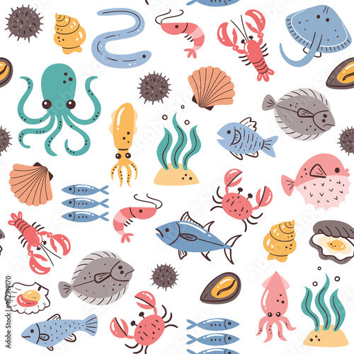 Seafood seamless pattern. Fish, seaweed and shellfish. Food ingredients for cooking illustration. Isolated colorful hand-drawn ingredients on white background. Vector illustration.