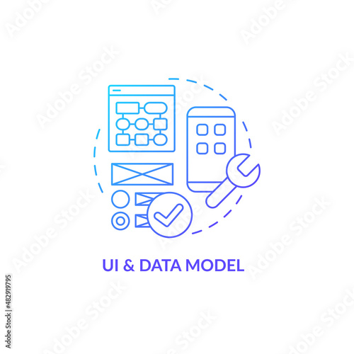 UI and data model blue gradient concept icon. Efficient UX for application. Online technology. Web 3 0 abstract idea thin line illustration. Isolated outline drawing. Myriad Pro-Bold fonts used