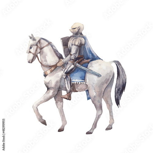 Watercolor knight. Fantasy cartoon illustration. Isolated warior on white background