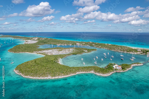 The drone aerial view of Stocking Island, Great Exuma, Bahamas.