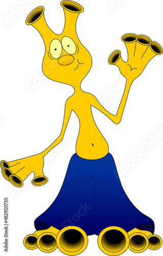 funny yellow alien in blue pants waving his hand in greeting