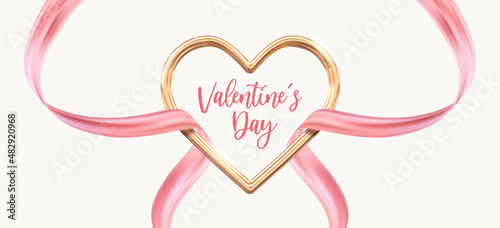 Golden heart frame with elegant red ribbon. Romantic and love background. Valentine's Day Holiday theme. Vector illustration.