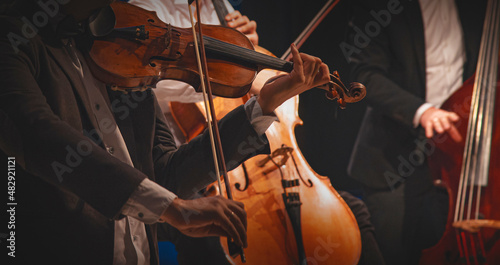 Musicians play violins and cellos at a concert.