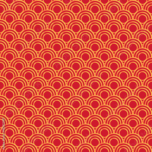 Chinese New Year and Asian festivity background wallpaper with tiles - Tileable texture red and gold - Circular geometric pattern with golden discs