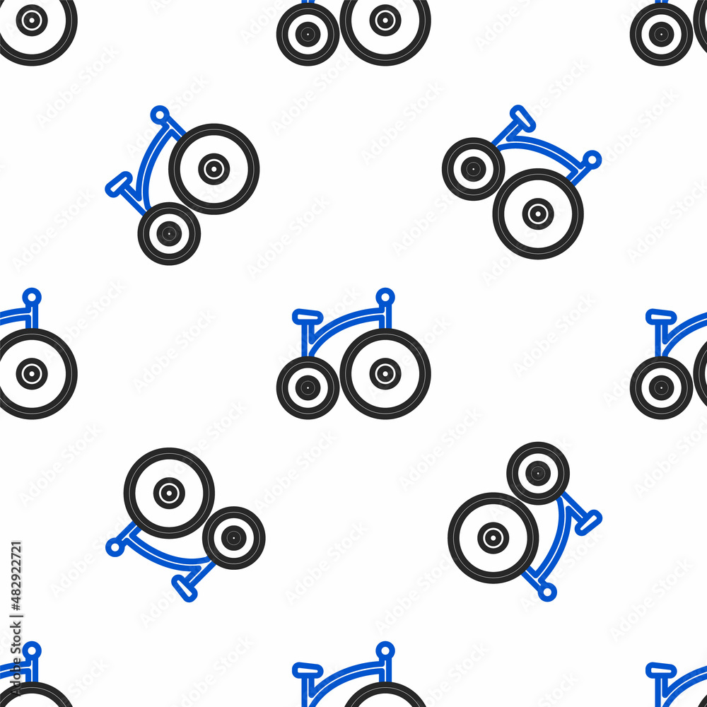 Line Vintage bicycle with one big wheel and one small icon isolated seamless pattern on white background. Bike public transportation sign. Colorful outline concept. Vector