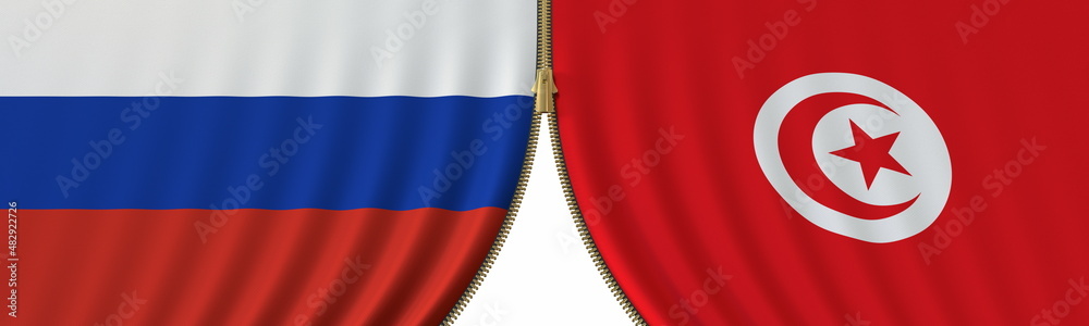 Russia and Tunisia political cooperation or conflict, flags and closing or opening zipper, conceptual 3D rendering Russia and Tunisia political cooperation or conflict, flags and closing or opening zipper, conceptual 3D rendering