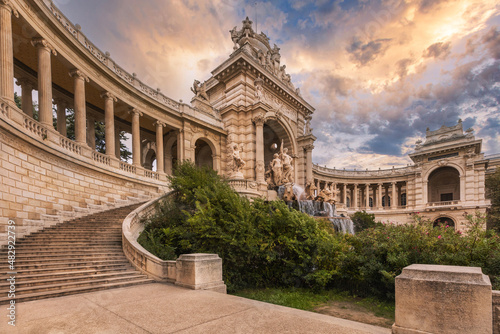 Sunset over Palais Longchamp in Marseille, France. One of the most impressive monument in the city. photo