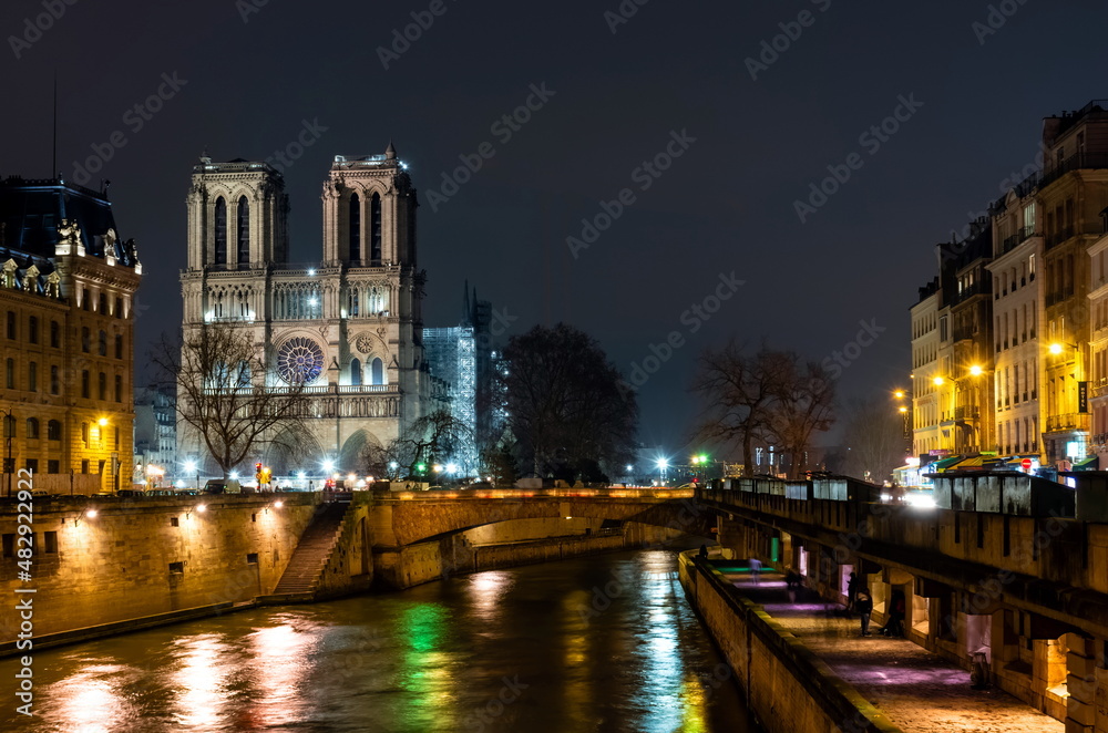 Night Paris, Not-ter-Dame de Paris illuminated by lights, cityscape