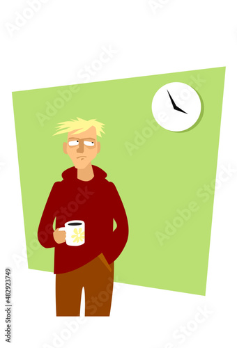Unbearable anticipation of the end of the working day. A man with a cup of coffee looks hopefully at the clock on the wall. Vector image for prints, poster and illustrations.