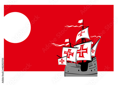 The era of great discoveries. Caravella in the calm sea is moving west. Sailing ship in the sea. Vector image for prints, poster and illustrations.