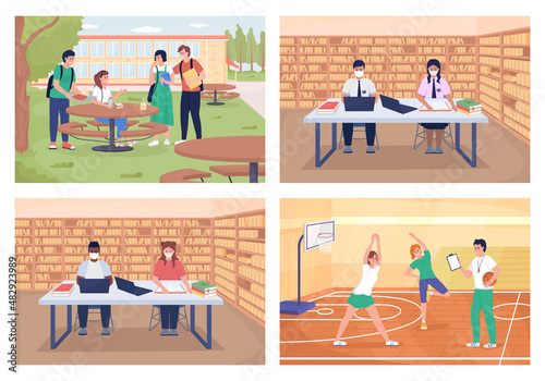 School activities flat color vector illustration set. Eating lunch with friend outside. Pupils study in library. Students interacting 2D cartoon characters with room interiors on background collection