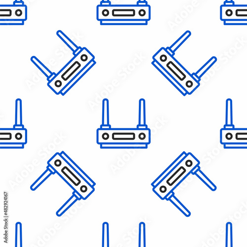 Line Router and wi-fi signal icon isolated seamless pattern on white background. Wireless ethernet modem router. Computer technology internet. Colorful outline concept. Vector