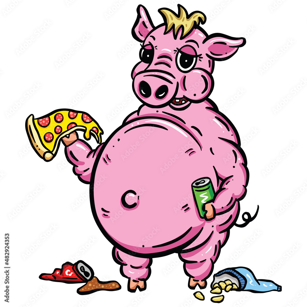 Fototapeta premium Fat Pig eating Pizza Crisps and Junk Food Logo