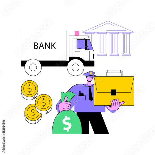 Cash-in-transit abstract concept vector illustration. ?ash valuables in transit, banknotes transfer, replenishing atm cases, security guards with van, full of money, loading abstract metaphor.