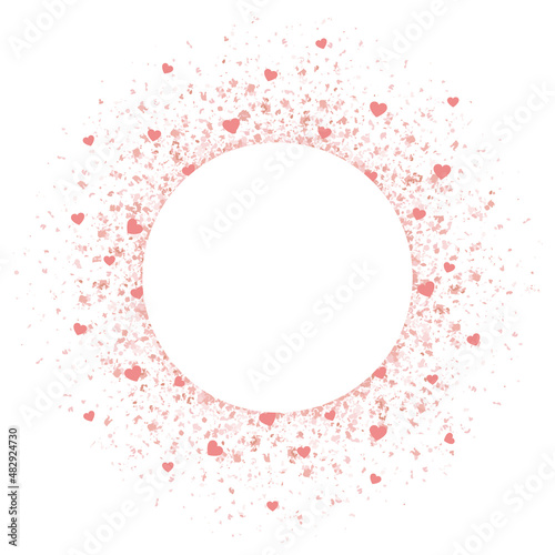 A pink glitter confetti circle with hearts and copyspace on white
