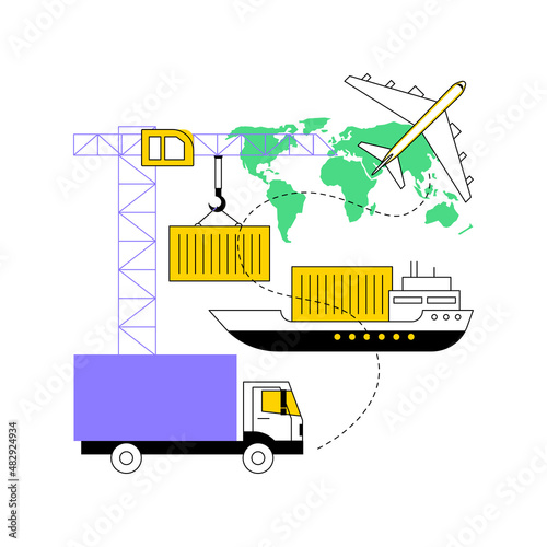 Combined transport abstract concept vector illustration. Intermodal multimodal transport, goods movement, truck delivery, plane shipping, freight train platform, found baggage abstract metaphor.
