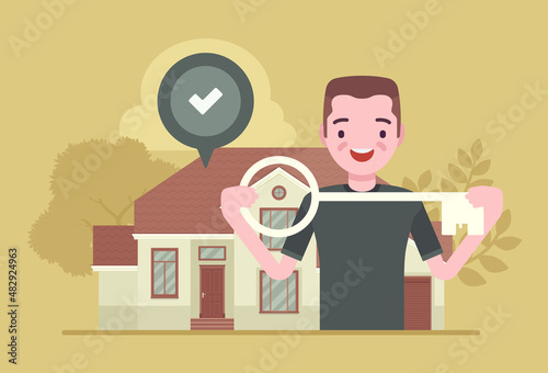 Happy homeowner, young man with a key, owns the house. Moving to first apartment, approved loan mortgage tick mark, student renting home alone, property ownership dream. Vector illustration