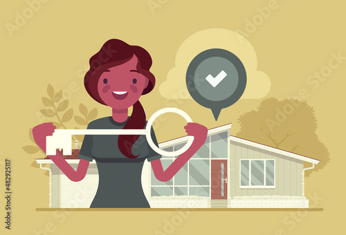 Happy homeowner, young black woman with key, owns the house. Moving to first apartment, approved loan mortgage tick mark, student renting home alone, property ownership dream. Vector illustration