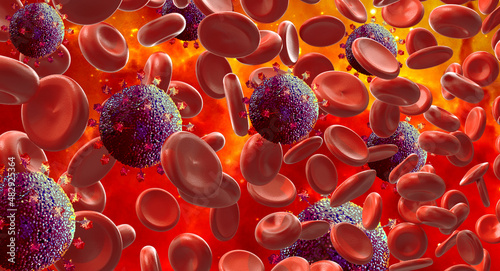 3D medical illustration of Omicron / Delta variant particle based on electron microscopy images. Protein surface spikes on virion; human blood cells in background.  