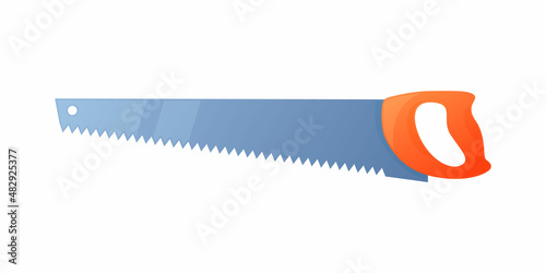 Vector illustration hacksaw with orange handle isolated on white background. Carpenter or repairmen handsaw vector icon in flat cartoon style. Construction tool. Saw for cutting metal and tree.