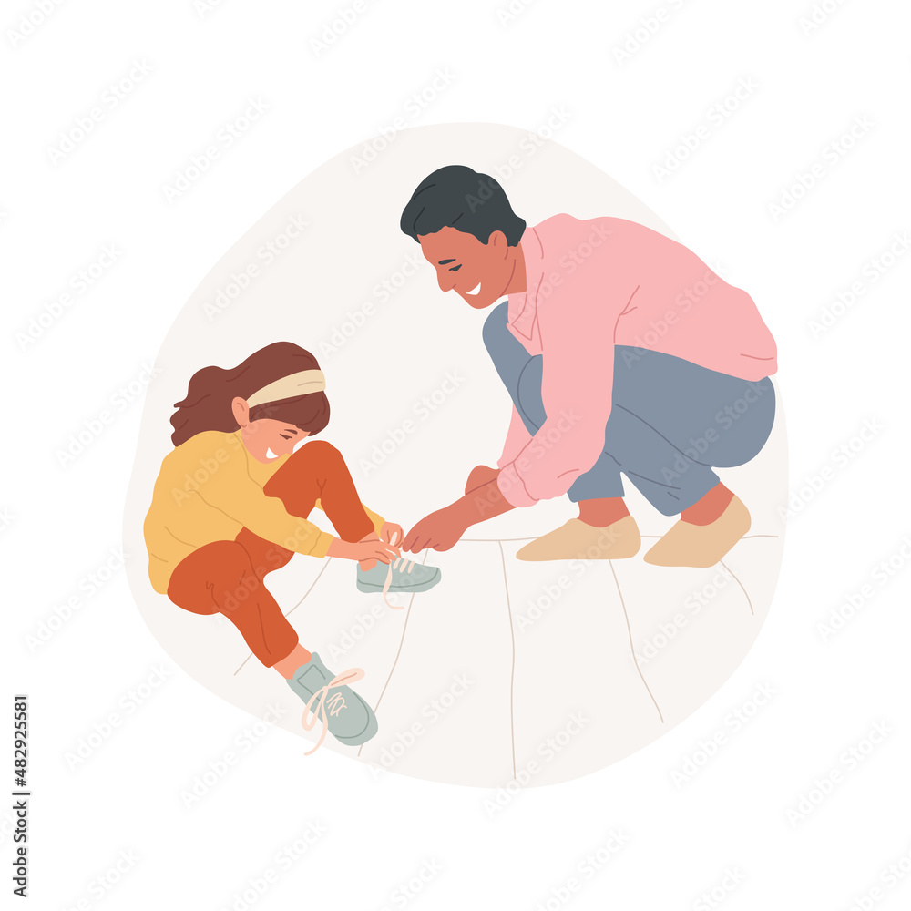 Learn to tie laces abstract concept vector illustration. Teaching kid to tie laces, learning to get dressed, making knot skill, self-care kindergarten exercise, early education abstract metaphor.