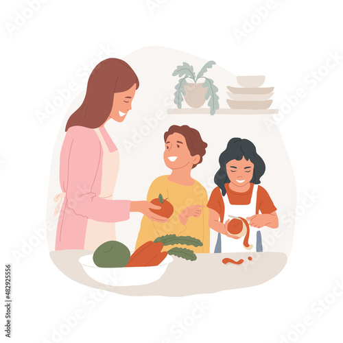 Peeling fruit with a knife abstract concept vector illustration. Child learns to use knife, peeling fruit, primary cooking class, self-care, preschool skill, kindergarten abstract metaphor.