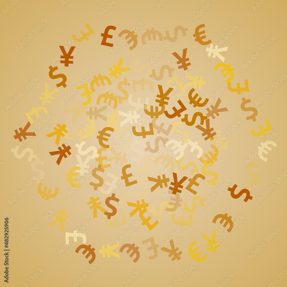 Euro dollar pound yen golden signs scatter money vector illustration. Business pattern. Currency