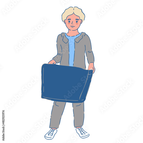 Student young boy. Schoolboy in uniform holding schoolbox. Secondary school pupil. Schoolchild standing pose photo