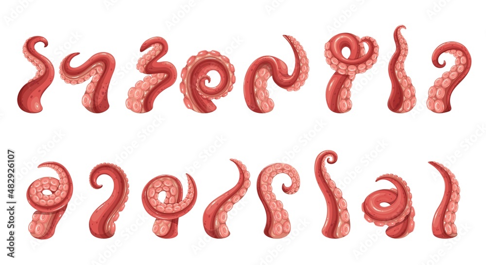 Fototapeta premium Octopus tentacles icons. Limbs of the sea monster kraken. Set of sea octopus twisted tentacles with suckers vector illustration.
