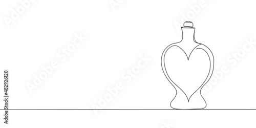 Heart shaped glass bottle continuous line drawing. One line art of perfume, eau de toilette, aroma, pheromones, love potion, feelings, charm, gift.