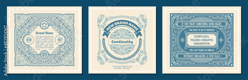 Square vintage labels for packaging. Calligraphic cards and frames in the style of line art