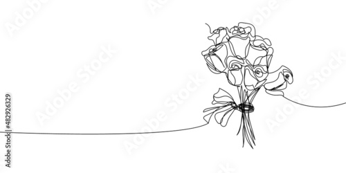 Bouquet of chinese roses continuous line drawing. One line art of decoration, flowers, tea roses, garden flowers, bouquet, floristry, romance, gift, relationship, love, peonies, dahlias, carnations.