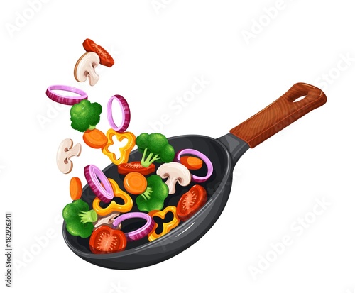 Fresh vegetables flying into a pan. Preparing healthy meal. Slices of carrots, broccoli, mushrooms, onions, tomatoes and peppers falling. Flying vegetables concept vector illustration.