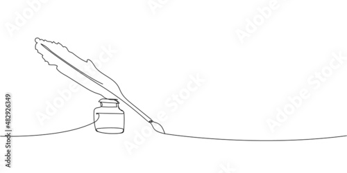 Inkwell and feather continuous line drawing. One line art of love letter, antique, romance, classic, retro, write, calligraphy.